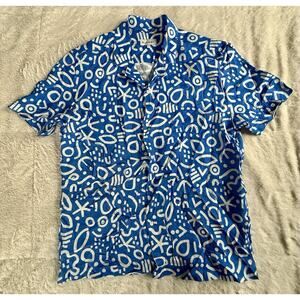 BLUEMINT MARS PRINTED Blue & White Short Sleeve Camp-Collar Linen Shirt Size XL